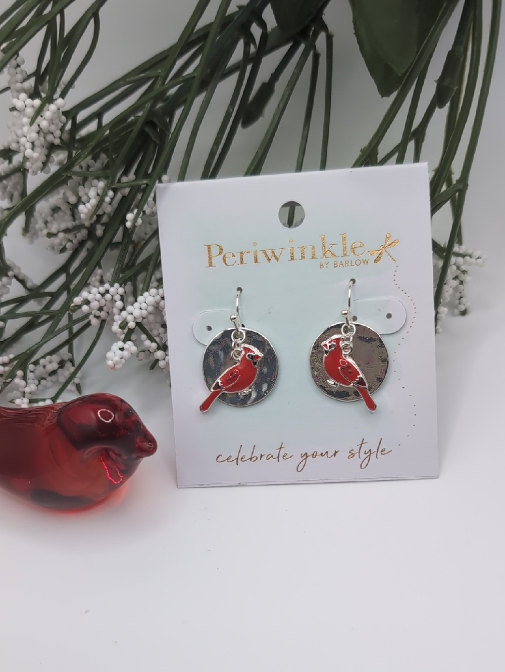 Periwinkle by Barlow Red Cardinal Dangle Earrings with Silver Discs NWT
